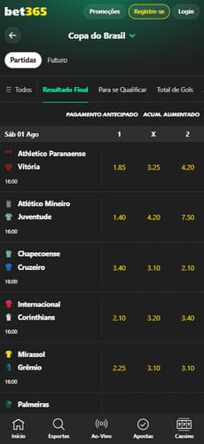 Captura da tela de apostas na Copa do Brasil na bet365.