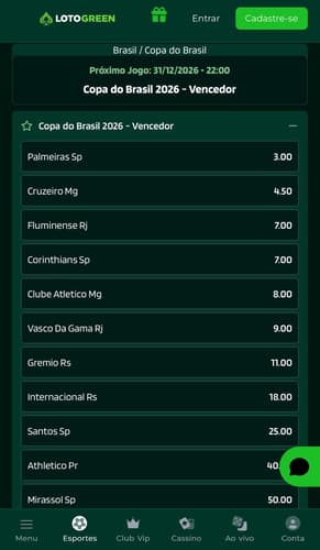 Captura de tela de apostas na Copa do Brasil na Lotogreen.