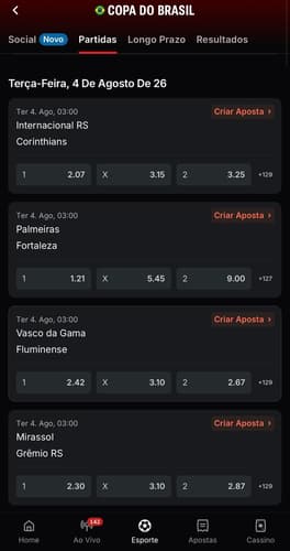 Captura da tela de apostas na Copa do Brasil 2026 na Superbet.
