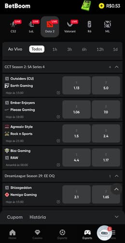 Captura da tela de apostas em Dota 2 na BetBoom.