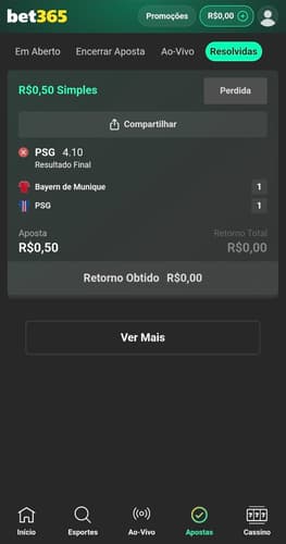 Captura de tela da seção de apostas na bet365 exibindo um bilhete já resolvido.