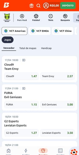 Captura de tela dos jogos disponíveis para apostar em Valorant na Betano.