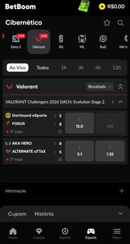Captura de tela dos e-sports disponíveis na BetBoom com as opções de apostas em Valorant ao vivo.
