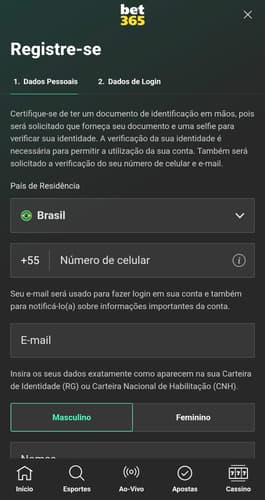 Captura de tela do formulário de cadastro na bet365 para iniciantes.