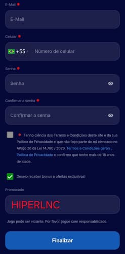 Captura de tela do formulário de cadastro na Hiperbet com o código promocional HIPERLNC preenchido.