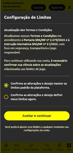 Configuração de limites na Energia Bet no 1º login