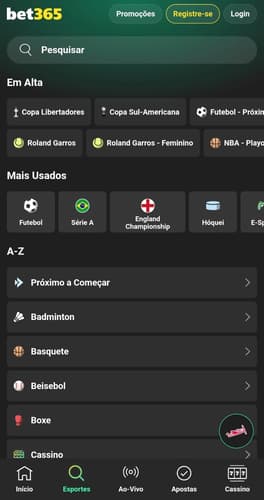 Captura de tela da seção de esportes da bet365 exibindo os jogos em alta e modalidades de a-z.