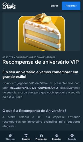 Captura de tela da oferta de Recompensa de aniversário na Stake.
