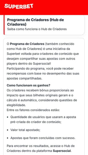 Captura de tela do Programa de Criadores da Superbet.