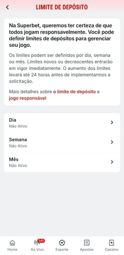 Captura de tela usando o limite de depósito na Superbet para restringir o valor permitido de depósitos na conta.