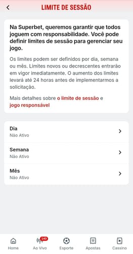 Captura de tela da ferramenta de jogo responsável para limitar o tempo de sessão de apostas na Superbet.