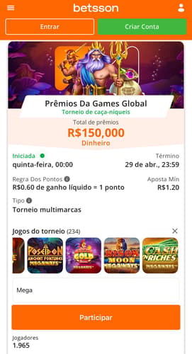 Captura da tela de torneios em slots megaways na Betsson.