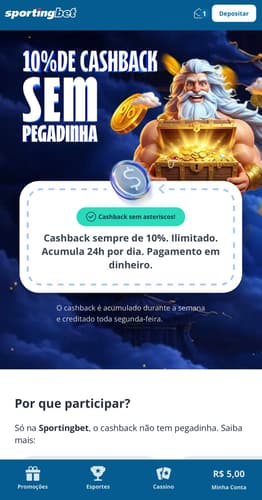 Captura de tela da promoção de cashback em cassino da Sportingbet.