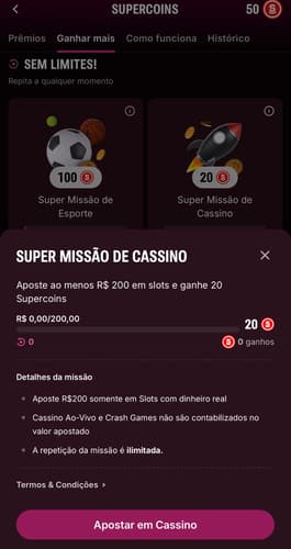 Captura da tela de Missões em cassino na Superbet.