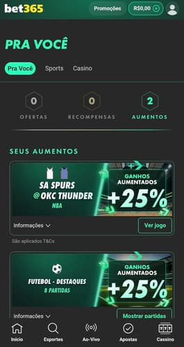 Captura de tela das ofertas disponíveis para os usuários da bet365.