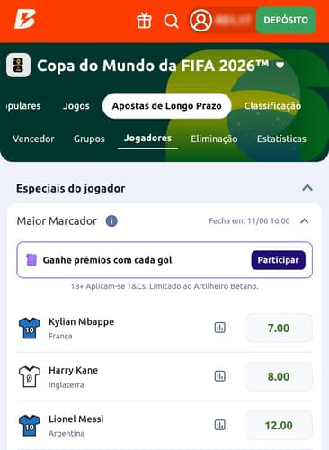 Captura de tela do bônus da Copa do Mundo na Betano Artilheiro Betano.