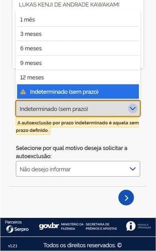 Captura de tela da ferramenta de autoexclusão do governo federal.
