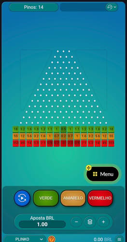 Captura de tela do jogo Plinko na BetBoom exibindo botões de apostas, multiplicadores da base e estrutura de 14 pinos.