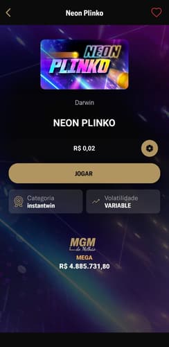 Captura de tela da BetMGM exibindo o jogo Neon Plinko com botões de apostas e informações técnicas.