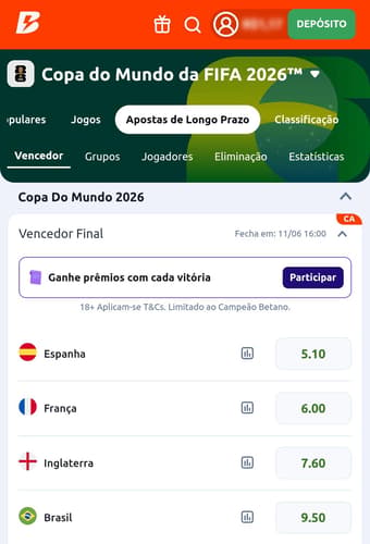 Captura de tela do bônus Campeão Betano para a Copa do Mundo 2026.