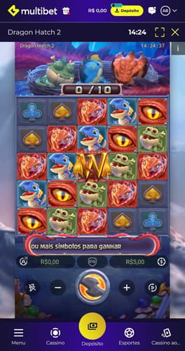 Captura de tela de uma sessão de apostas na Multibet no jogo Dragon Hatch 2, exibindo símbolos de pagamento e botões de apostas.