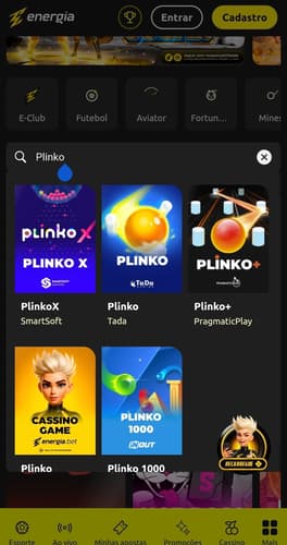 Captura de tela da Energia Bet com jogos de Plinko da SmartSoft, TaDa, Pragmatic Play e outros provedores no catálogo.