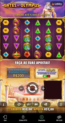 Captura de Gates of Olympus na KTO, exibindo botões de apostas, grade com símbolos e menus de jogo.