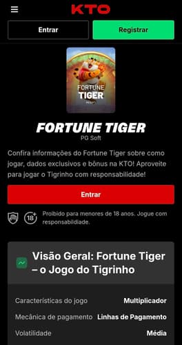 Captura de tela das informações técnicas e de funcionamento do Fortune Tiger no guia de slots da KTO.