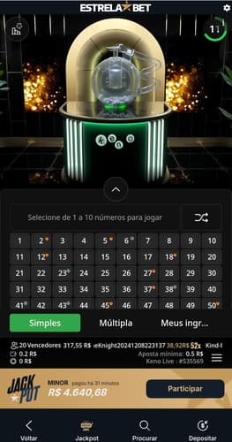 Captura de tela do jogo Keno Live na Estrela bet exibindo uma mesa de apostas em tempo real.