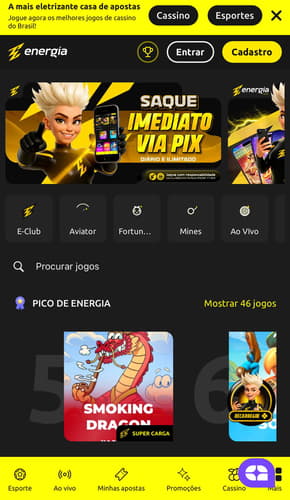 Captura da tela inicial do site móvel da Energia Bet.