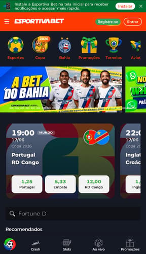 Captura da tela inicial do app da Esportiva Bet para Android.