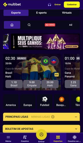 Captura da tela inicial do app da Multibet para Android.