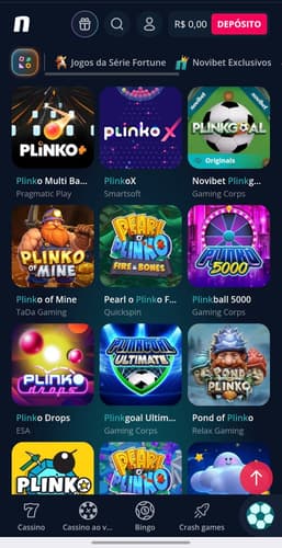 Captura de tela da Novibet na página de cassino com o resultado de busca pelos jogos de Plinko.