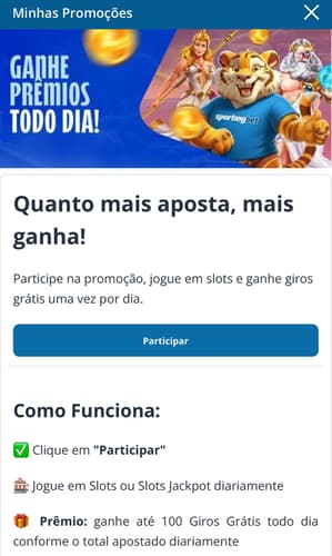 Captura de tela da promoção com giros grátis na Sportingbet