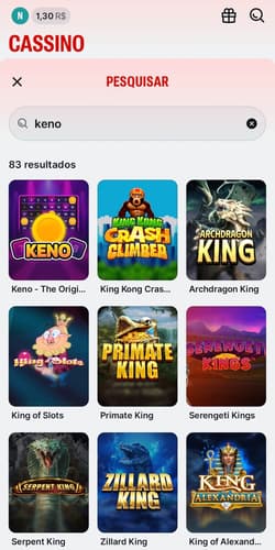 Captura de tela da Superbet exibindo os resultados de busca pelos jogos de keno online.