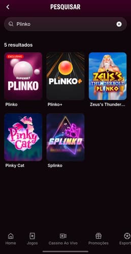 Captura de tela dos jogos de Plinko disponíveis para jogar na Superbet.