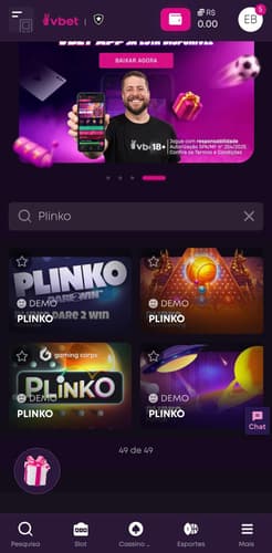 Captura de tela exibindo os jogo de Plinko da Vbet com provedores da Dare2Win, Gaming Corps e outros.