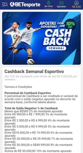 Captura de tela da promoção de cashback esportivo na BETesporte, exibindo regras e funcionamento.