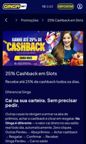 Captura de tela da promoção de cashback na GingaBet.