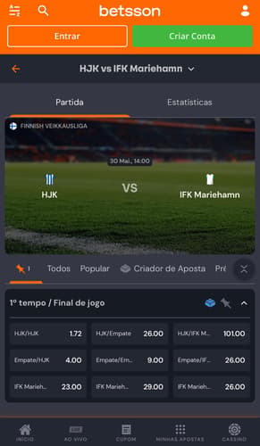 Captura da tela de apostas em Intervalo/Final do Jogo na Betsson.