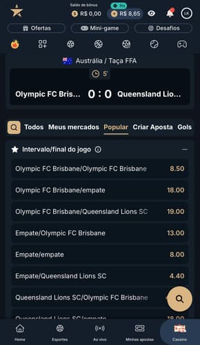 Captura da tela de apostas em Intervalo/Final do jogo na Estrela Bet.