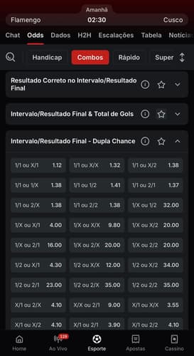 Captura da tela de apostas em Intervalo/Final do jogo na Superbet.