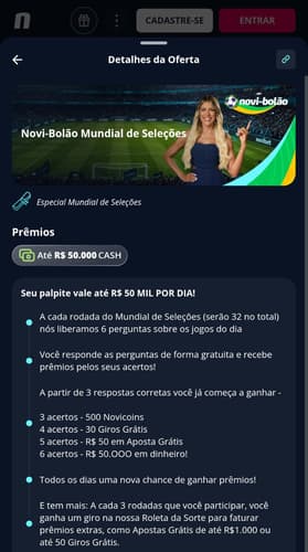 Captura de tela do bônus Novi-Bolão Mundial de Seleções da Novibet.