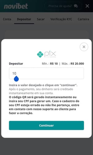 Captura de tela da seção de depósito na Novibet com o valor mínimo de 10 reais e os botões para completar o pagamento.