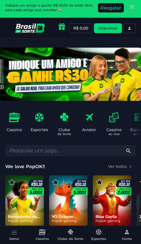 Captura da tela inicial da plataforma nova Brasil da Sorte.
