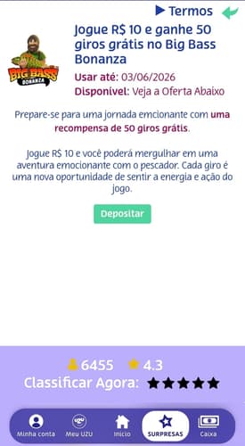Captura de tela do menu de Surpresas da PlayUZU com uma promoção de giros grátis no Sweet Bonanza.