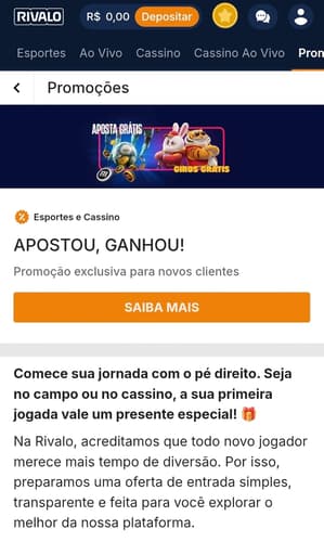 Captura de tela da Rivalo exibindo a oferta Apostou, Ganho R$10 em freebet na plataforma.