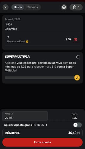 Captura de tela de uma aposta esportiva na Copa do Mundo na Superbet.