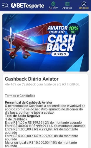 Captura de tela da promoção de cashback da BETesporte para as apostas no Aviator.