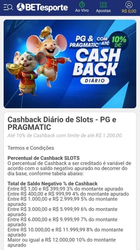 Captura de tela da campanha de cashback em slots da PG Soft e Pragmatic Play da BETesporte.